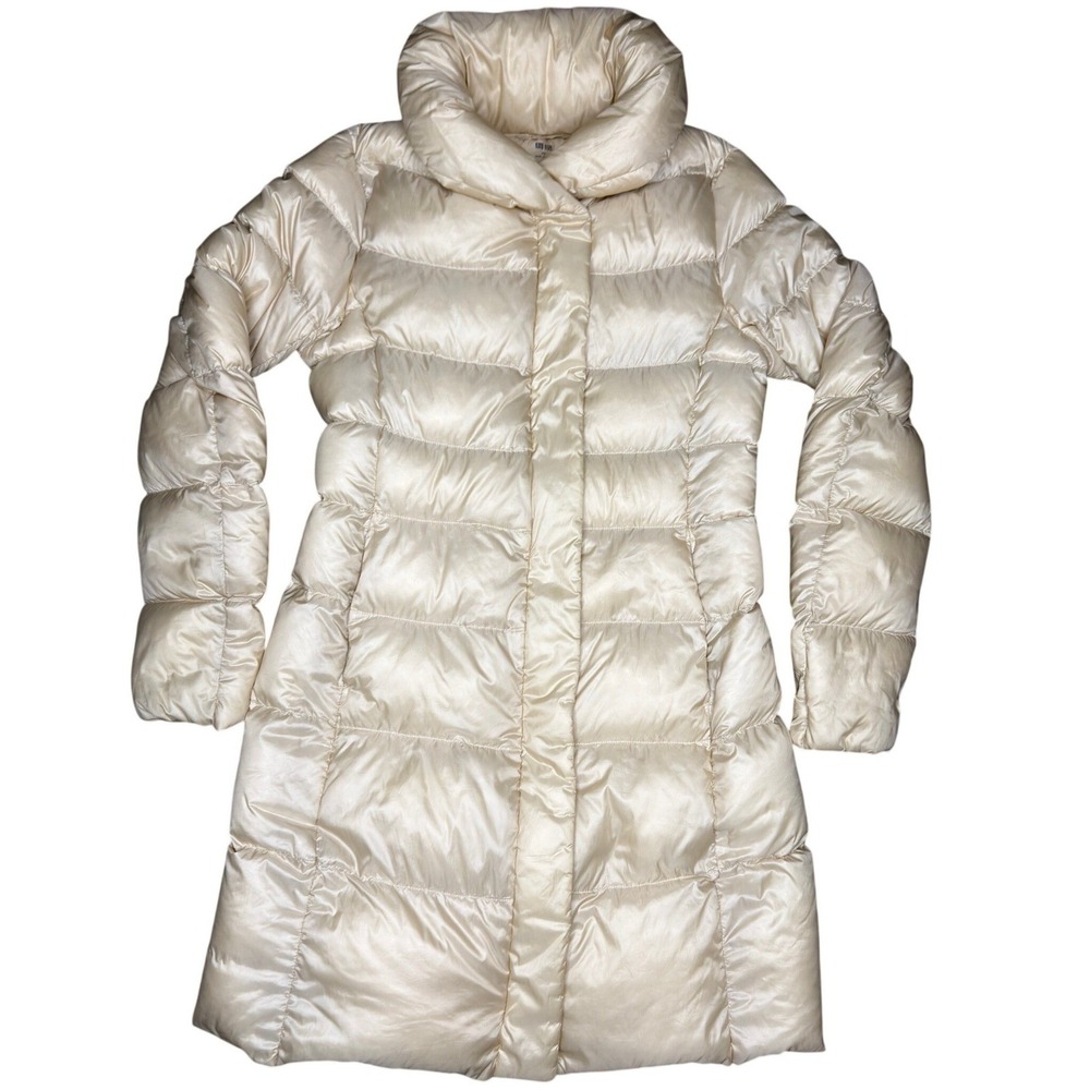 Uniqlo Ultra Light Quilted Down Puffer Coat XS Champagne Longline Jacket Perfect